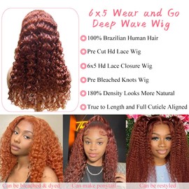 Reddish Brown Wear and Go Glueless Wigs Human Hair 30 Inch Deep Wave Lace Front Wigs Human Hair 6x5 Hd Transparent Lace Closure Wig 180% Density 33B Glueless Wigs Human Hair Pre Plucked Pre Cut