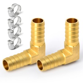GASHER 2 Pieces Brass Hose Barb Reducer, 3/4 Inch to 3/4 Inch Barb Hose ID 90 Degree L Right Angle Elbow with 4 Hose Clamps, Brass Barb Reducer SPLICER Fitting Fuel/AIR/Water/Oil/Gas/WOG