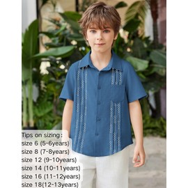 Arshiner Boys Cotton Linen Guayabera Shirt Embroidered Button Down Shirt Blue 9-10 Years