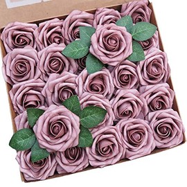 Artificial Rose Flowers 25pcs Dusty Real Looking Foam Rose Fake Flowers with Stem/Leaves for DIY Wedding Bouquets Centerpieces Floral Arrangments Home Party Decorations