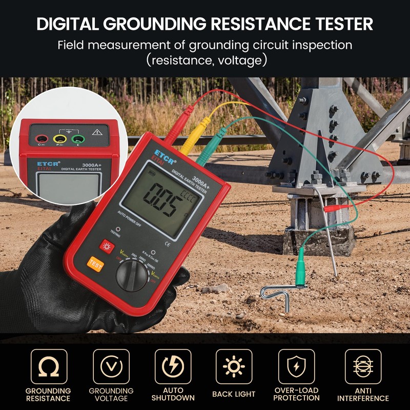 EITAI3000A+ Digital Ground Resistance Meter Tester 0-2kΩ, 0-200V, Manufacturer Direct