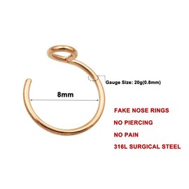 FANSING 3pcs 8mm Fake Nose Rings Faux Nose Ring 20g Clip On Nose Ring Hoop 20 Gauge Rose Gold Nose Ring Faux Lip Ring 3PCS