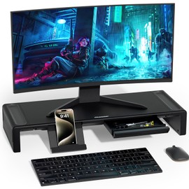 OImaster Monitor Stand Riser, Foldable Computer Monitor Riser, Adjustable Length Computer Stand and Storage Drawer & Pen Slot, Phone Stand Compatible Computer, Desktop, Laptop, Save Space (Black)