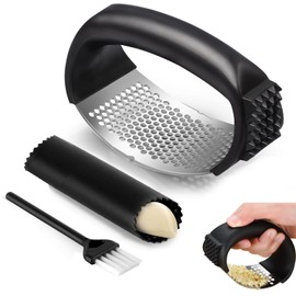 FATUXZ Garlic Press Rocker Set，Stainless Steel Garlic Mincer Tool with Garlic Peeler and Cleaning Brush Kitchen Gadgets Essentials Garlic Chopper