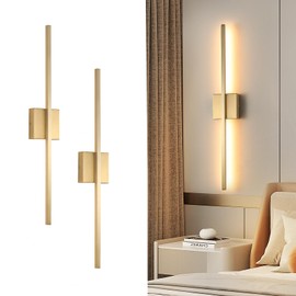 fengkiop Wall Sconces Set of Two, LED Dimmable Sconces Wall Lighting, Brushed Gold Modern Wall Sconce Light for Bathroom, Living Room, Bedroom, Hardwired 3000K 28''