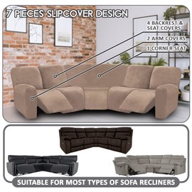 ULTICOR 7-Piece L Shape Sectional Recliner Sofa Covers, Velvet Stretch Reclining Couch Covers, Thick, Soft, Washable (Taupe, 5 Seat Recliner Cover)