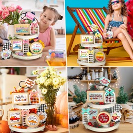 Kigley 70 Pcs Summer Tiered Tray Decor Set Interchangeable Spring Graduation Independence Day Seasonal Decor Farmhouse Holiday Tiered Tray Decorations Interchangeable Tabletop Decoration for Home