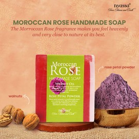 Nyassa Moroccan Rose Handmade Soap 150 gm from India natural ingredients like Walnut Oil and Rose Petal Powder and an enticing floral frgarance. No Paraben, Against Animal Testing and vegetarian