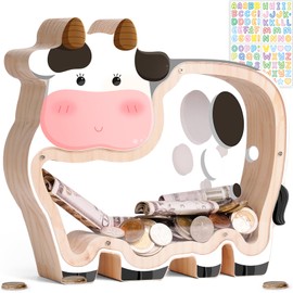 Uniwooder Wooden Cow Piggy Bank for Kids, Dairy Cow Kids Piggy Bank, Unbreakable Toddler Money Bank for Girls Boys, DIY Safe Coin Box with Sticker, Birthday Gift for Girls, Room Decor, Educational Toy