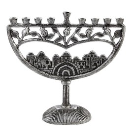Ner Mitzvah Vintage Aluminum Candle Menorah - Fits All Standard Chanukah Candles - Ancient Jerusalem Design with Antique Silver Finish