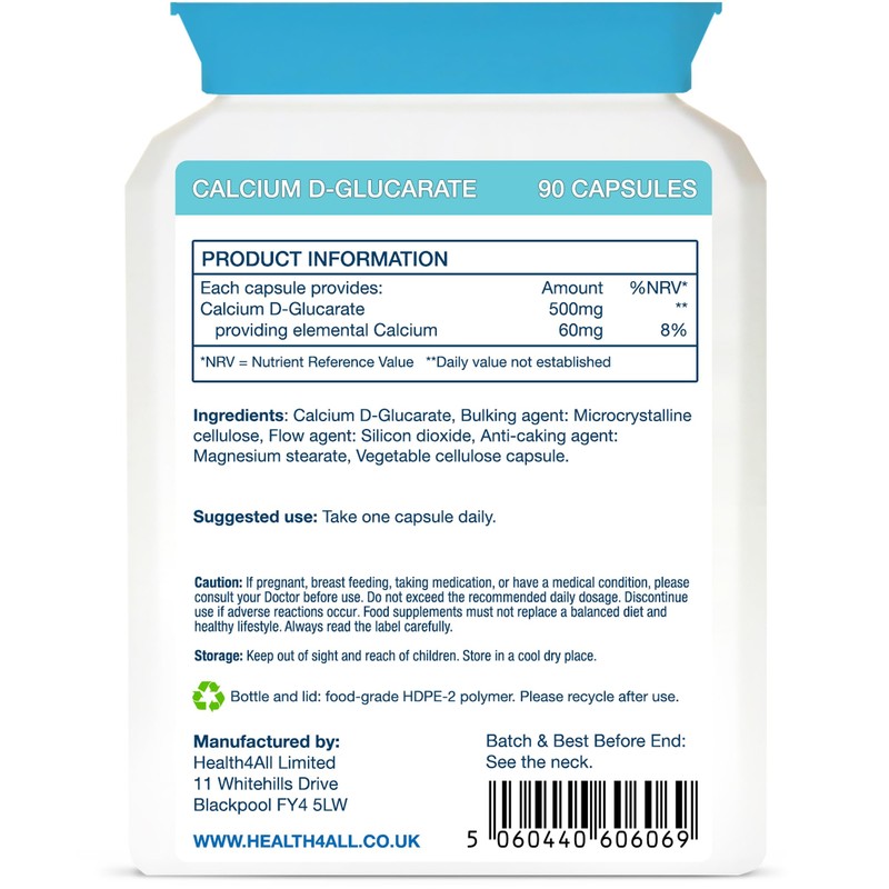 Health4All Calcium D-Glucarate 500mg - Oestrogen Supplements for Women and