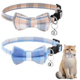 XLIUAX 2Pcs Cat Bow Tie, Cat Bowtie Collar with Bells, Adjustable Breakaway Blue and White Plaid Kitten Collar for Kitten Puppy and Small Pets