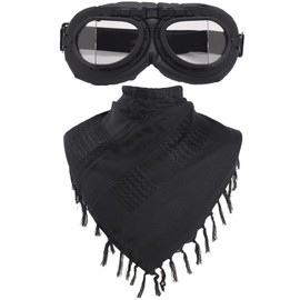 Peicees Vintage Helmet Goggles with Cotton Shemagh Keffiyeh, Motorcycle Bike Motocross Pilot Goggle Tactical Desert Scarf Neck Head Wrap for Women Men, Black Frame Transparent Lenses