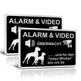 Sinmao Alarm and Video Surveillance Sign Dog Aluminium A4 30 x 20 cm Brushed Surface in Black, Warning Dog Sign Funny "Und für den toten Winkel bin ich da" Pack of 2