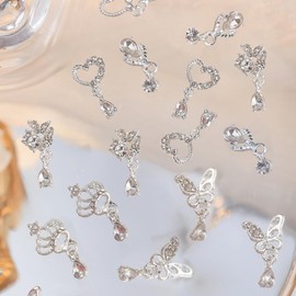 DANNEASY 20pcs Nail Gems and Charms 3D Silver Nail Charms for Nail Art Rhinestones Crystal Diamond Nail Piercing Charms Jewels Alloy Nail Studs Nail Art Decoration Accessories Supplies