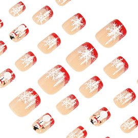 24Pcs Christmas Press on Nails Short Square Red French Tip Fake Nails with Snowman Design Glue on Nails Xmas Silver Glitter False Nails Winter Acrylic Stick on Nails for Women Holiday Nail Supplies