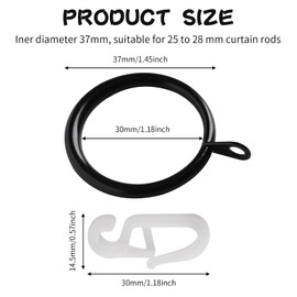 yixiaoboda 22 Pack Curtain Rings and Hooks, 30mm Metal Drapery Hanging Rings & 22pcs Curtain Hooks Plastic White for Curtains and Rods, Drape Sliding Eyelet Rings(Black, 22 Pack)
