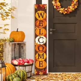 47" Fall Wooden Porch Sign Vertical Fall Welcome Standing Signs Pumpkin Leaves Standing Welcome Porch Sign for Outdoor Autumn Thanksgiving Harvest Home Garden Yard Farmhouse Front Door Decor