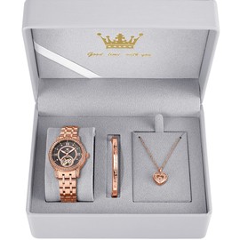 OLEVS Automatic Womens Watches Mechanical Diamond Skeleton Luxury Dress Rose Gold Stainless Steel Waterproof Luminous Ladies Wrist Watches Gift Set