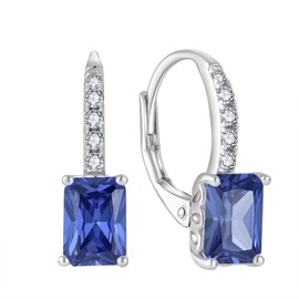 FJ Princess Cut Hanging Earrings Women's 925 Sterling Silver Square Solitaire Earrings Birthstone Jewellery Gifts for Women, Sterling Silver Cubic Zirconia, Tanzanite