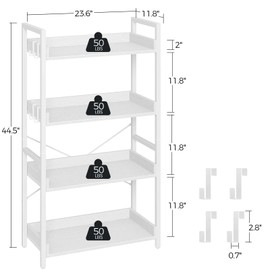 Rolanstar Bookshelf 4 Tier with 4 Hooks, Industrial Bookcase, Vintage Storage Rack with Open Shelves, Rustic Standing Bookshelves Metal Frame Display Rack for Living Room, Bedroom, White
