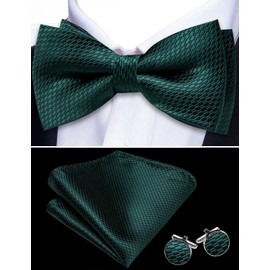 Barry.Wang Emerald Green Bow Ties for Men Pre-tied Bow Tie with Pocket Square Cufflinks Set Solid Color Checkered Bowtie