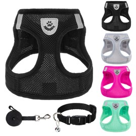 PUPTECK Adjustable Dog Harness Collar and Leash Set Step in No Pull Pet Harness for Small Medium Dogs Puppy and Cats Outdoor Walking Running, Soft Mesh Padded Reflective Vest Harnesses, Solid Black S