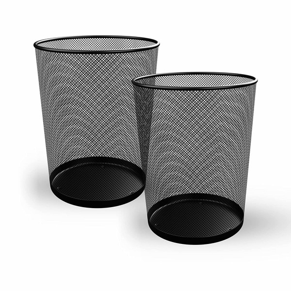 Homeshopa Circular Mesh Wastebasket Trash Can, Pack of 2 Lightweight & Sturdy Metal Waste Paper Bin, Garbage Rubbish Bin for Bathrooms, Kitchens, Home Offices, Living Room, Dorm Rooms, Black (Round)