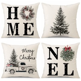 Sungeek Set of 4 Christmas Cushion Covers, Linen Decorative Cushion Covers, Santa Claus Cushion Cover, Decorative Cushion Cover for Sofa, Couch, Bedroom, Living Room (45 x 45 cm, Christmas Tree)