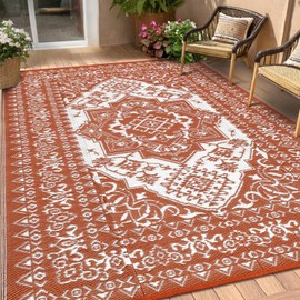 COZYLOOM Outdoor Rug Waterproof 10x20 Reversible Patio Rug, Extra Large Vintage Medallion RV Camping Carpet, Indoor Outdoor Plastic Straw Mat for Deck Picnic Beach Garden, Brick Red/White