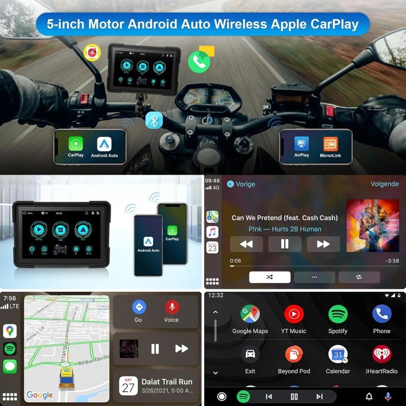 5 Inch Waterproof GPS Navigation Car Stereo Motorcycle Carplay Android