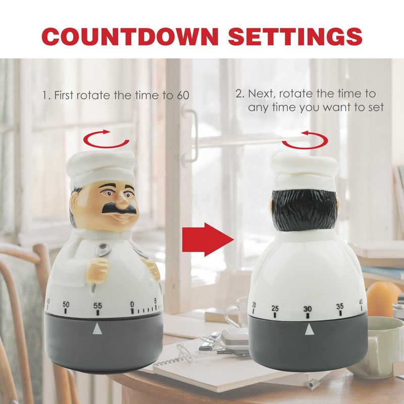 Rileyfine WG012 Kitchen Mechanical Timer, Countdown Alarm Clock, Chef Shape,