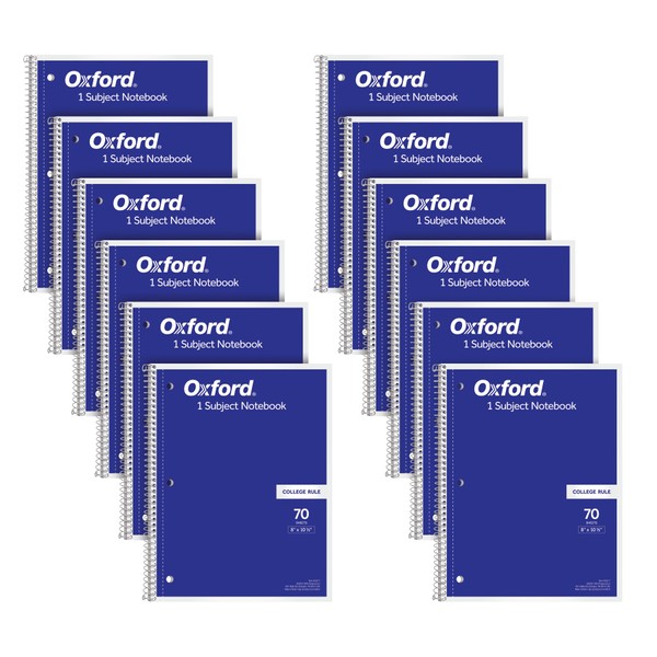 Oxford Spiral Notebook 12 Pack, 1 Subject, College Ruled Paper, 8 x 10-1/2 Inches, Blue Covers, 70 Perforated Sheets (65217)