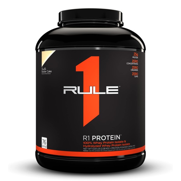 Rule One Proteins, R1 Protein - Vanilla Butter Cake, 25g Fast-Acting, Super-Pure 100% Isolate and Hydrolysate Protein Powder with 6g BCAAs for Muscle Growth and Recovery, 5lbs