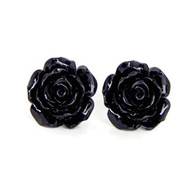 Delicate Largle Black Purple Red Floral Blooming 3D Carved 10MM Resin Rose Flower Post Stud Earrings For Women Lightweight(Multiple Colors Available) (Black)