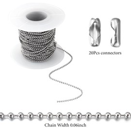 Topacket 33Feet Ball Bead Chain Stainless Steel Dog Tag Chain with Matching Connectors for Jewelry Making Necklace Hanging Bracelets Keychain(1.5mm)