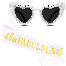 KICOSY 40th Birthday Decorations - Hello Forty Sunglasses and 40 & Fabulous Sash for Women, Ideal for Birthday Party, Photo Booth Props, Anniversary Celebration, Gift for Her