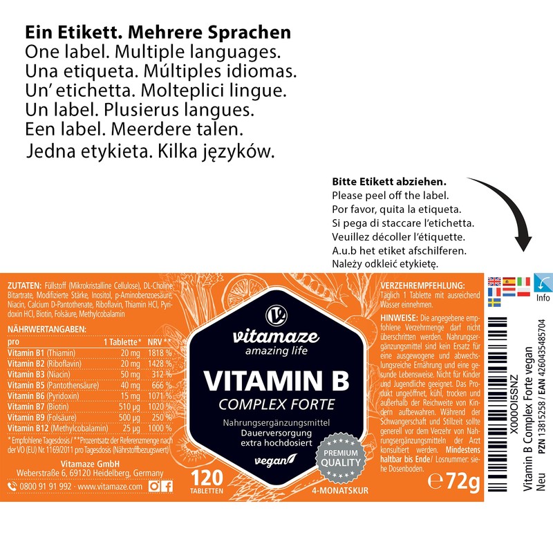Vitamin B complex extra high dosed, 120 vegan tablets for