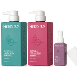 MEDIX Anti Aging Skin Care 3PC Set | Retinol Body Cream + Exfoliating AHA Glycolic Acid Foaming Face & Body Wash + Vitamin F Booster Serum, Wash + Treat + Hydrate Skincare Set