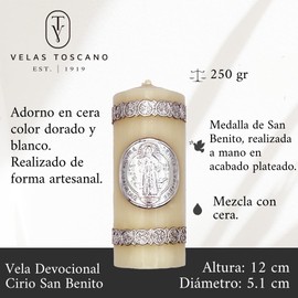 Velas Toscano - Cirio Devocional Elegante de San Benito Chico (5.1 * 12cm) 250 gr Medalla de Plata y Decoración en Cera Hecho a Mano para Protección