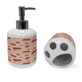 Ambesonne Mushroom Soap Dispenser & Toothbrush Holder Set, Woodland Themed Illustration of Spotted Toadstool Summer Season Forest Cartoon, Ceramic Bathroom Toiletry Accessories, 2 Pcs, Ivory Red Tan