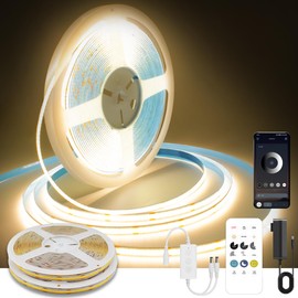 Pandery COB LED Strip Lights Warm White,24V Dimmable led Light Strip KIT with Remote and app Control,3000K 50FT/15m 8mm Wide Ra>90 Cuttable Flexible Strip Lights for Bedroom,Shelf,Cabinet