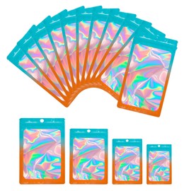 Songio packing Holographic Mylar Bags with Clear Window, 100 PCS Party Favor Bags(4.1 * 5.9"), Resealable Smell Proof Bags, Candy, Food Packaging Bags, Gradient Foil Bags(Blue Orange)