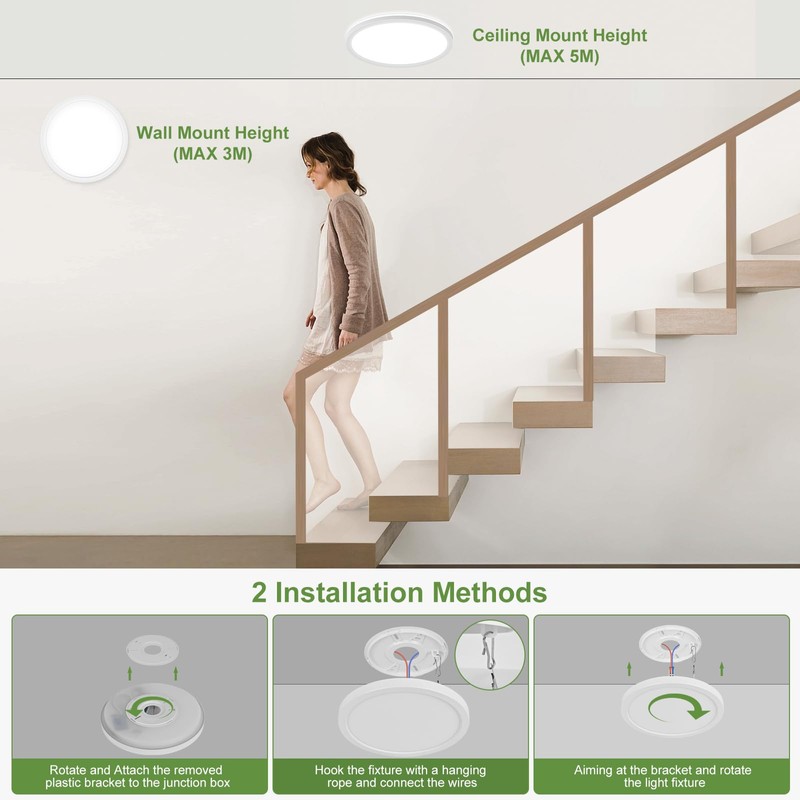 24W Motion Sensor LED Ceiling Light Wired, 2400lm 12Inch 2700K/4000K/6500K