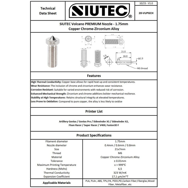SIUTEC® Premium Volcano Copper Chrome Zirconium Nozzle Set of 3