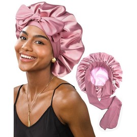Satin Bonnet Silk Bonnet for Sleeping Double Layer Ajustable Satin Bonnet for Women Men for Curly Natural Hair with Tie Band Black Haircare - Colour: beanpastepink