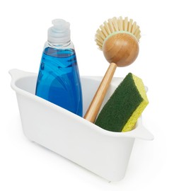 Corner Sink Caddy Kitchen Sink Organizer by Home Basics | White Plastic with Suction Cup in Corner and Dual Side Tabs - Holds Dish Brushes, Soap, Sponges, and Sink Stoppers