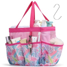 F-color Shower Caddy Portable - Mesh Shower Caddy Bag Basket Tote for College Dorm Room Essentials Bathroom Gym Camp Quick Dry Shower Bags for Women Men with S Hook, Pink Flamingo