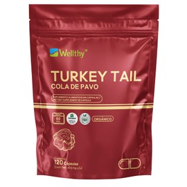 Wellthy Turkey Tail 120 Cápsulas. Hongo Cola de Pavo 1300mg, Orgánico, VCaps Cápsulas Veganas, 60 Días de Porciones, Bottle Free.