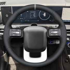 MEWANT Hand Stitch Black Smooth Woven Embossed Artificial Leather Steering Wheel Cover for Hyundai Santa Fe 2024
